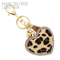 Diamond Crystal Tassel Charm Light Brown Stitched Leopard Faux Fur Heart Soft Plush Gold Toned Key Chain