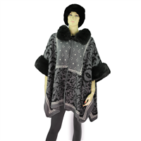 Grey & Black Warm & Cozy Thick Multi Mixed Patterned Dark Grey Fur Collar Cape Poncho