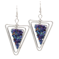 Fashion Blue & Purple Oil Spill Mixed Cylinder Bead Wire Triangle Designed Silver-Toned Fish Hook Earrings