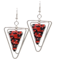 Fashion Red & Black Cylinder Bead Wire Triangle Designed Silver-Toned Fish Hook Earrings