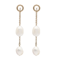 Beautiful Elegant & Stylish Gold-Toned Oval-Shaped Baroque Pearl Double Chain Post Backing Earrings