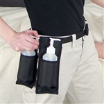Oil and Lotion Holster holds massage lotion in either single or double bottle design, attaches by a belt at waist.