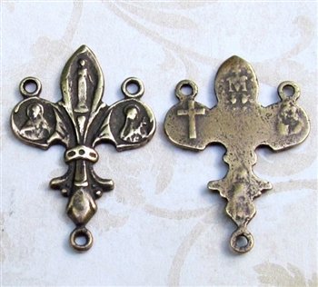 Fleur de Lis Rosary Center 1" - Catholic rosary parts in authentic antique and vintage styles with amazing detail. Large collection of heirloom rosary centerpieces, crosses, crucifixes and medals made by hand in true bronze and sterling silver.