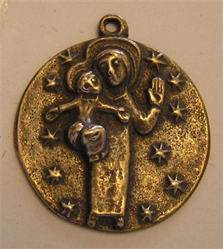 Blessed Mother Medal Egino Weinert 1 1/4" - Catholic religious medals in authentic antique and vintage styles with amazing detail. Large collection of heirloom pieces made by hand in California, US. Available in true bronze and sterling silver
