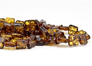 10mm Carved Flat Squares Czech Glass Beads - Topaz Picasso