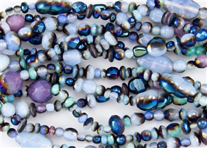Assorted Pressed/Firepolish Czech Glass Beads - Opal Azuro / Iris Blue Mix