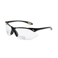 Safety Glasses, Bi-Focal Readers, +2.00, Sporty Black Frame, Wraparound Clear Hardcoat Lens
