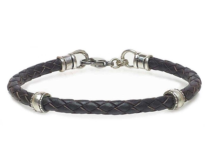 BROWN Leather Cord Bracelet with 5mm Silver Beads