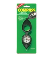 Liquid filled compass with LED illuminated dial. Lid with built-in magnifier. Bezel with direction setting arrow. Batteries included.