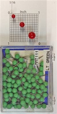 Light Green, medium, round-head MAP PINS 100/box. 1/8" head and 5/16" shaft length.