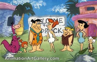 Color Model Cel of the Flintstones and the Rubbles from Hanna-Barbera (c.1970s)