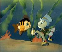 Original Production Cel of Jiminy Cricket and Fish from Pinocchio (1940)