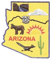 ARIZONA state shape map souvenir patch. Grand Canyon, San Francisco Peaks, Route 66 highway, Oatman burro, roadrunner, sun, & cactus, AZ