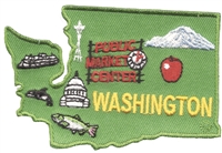 WASHINGTON state shape map embroidered souvenir patch with: Mt Rainier, Pike Place Market, Space Needle, ferry, salmon, apple, & Capital dome. WA