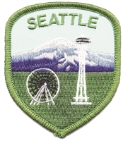 SEATTLE space needle, ferris wheel, & Mt. Rainier shield souvenir embroidered patch. 2.5" wide x 3" tall. Patches are carded for a retail display for stores.