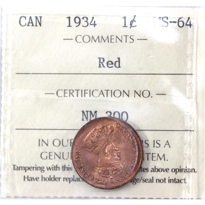 1934 Canada 1-cent ICCS Certified MS-64 Red (NM 300)