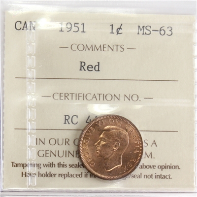 1951 Canada 1-cent ICCS Certified MS-63 Red