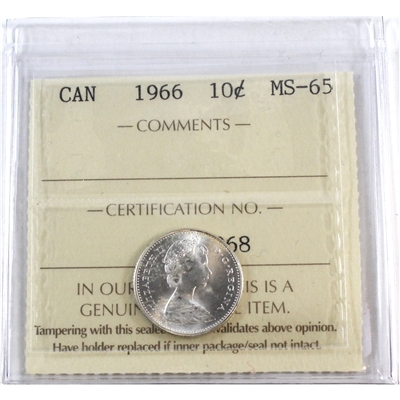 1966 Canada 10-cents ICCS Certified MS-65