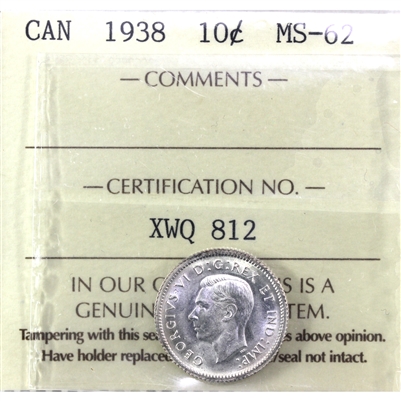 1938 Canada 10-cents ICCS Certified MS-62