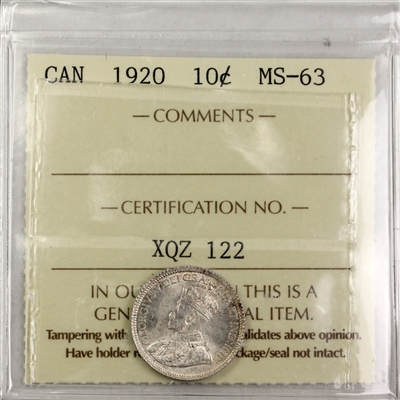 1920 Canada 10-cents ICCS Certified MS-63 (XQZ 122)