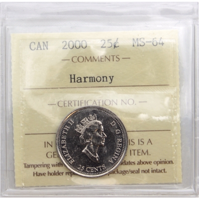 2000 Harmony Canada 25-cents ICCS Certified MS-64