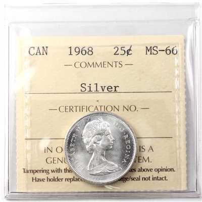 1968 Silver Canada 25-cents ICCS Certified MS-66