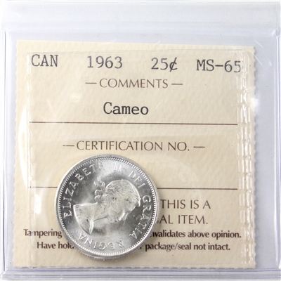 1963 Canada 25-cents ICCS Certified MS-65 Cameo