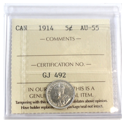 1914 Canada 5-cents ICCS Certified AU-55