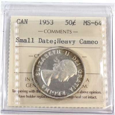 1953 Small Date Canada 50-cents ICCS Certified MS-64 Heavy Cameo