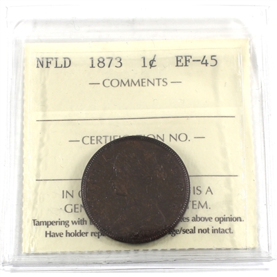 1873 Newfoundland 1-cent ICCS Certified EF-45