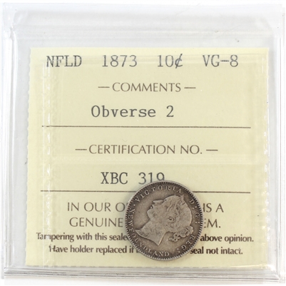 1873 Obv. 2 Newfoundland 10-cents ICCS Certified VG-8