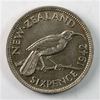 New Zealand 1942 6 Pence Almost Uncirculated (AU-50) $