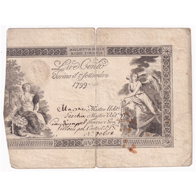 Italian States 1799 100 Lire Note, Pick #S132, Circ 