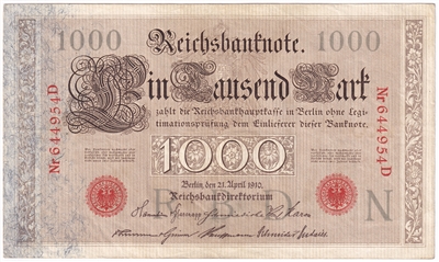 Germany 1910 1,000 Mark Note, Pick #44a 6 Digit, VF-EF (L)