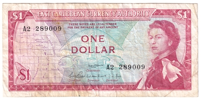 East Caribbean States 1965 1 Dollar Note, Pick #13d, Signature 1, VF (stain)
