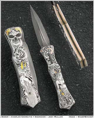Chuck Gedraitis Custom Large Auto Dagger Vegas Forge Herringbone SS Damascus Blade, 416SS Engraved By Jody Muller