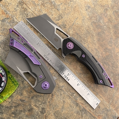 EOS Mini Nautilus Cleaver Blade, Carbon Fiber Insert, Sasha Finish Ti Frame W/ Purple Anodized Accents