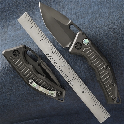 Heretic Knives Custom Medusa Auto Black DLC Handle & Blade W/ Abalone Button And Pocket Clip Inlays  Ti Clip
