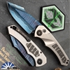 Heretic Knives Pariah Auto Hand Blued Baker Forge Elite AuroraMai Damascus, Titanium w/ Fat Carbon Snakeskin Inlay DLC HW
