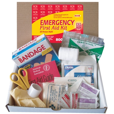 Box of bandages and scissors and strips for a 25 person First Aid Kit