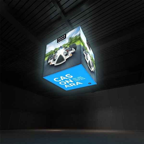 Breathe new light into your exhibit or retail space with Wavelight Casonara Light Box hanging signs. These backlit hanging blimps feature vibrant tension fabric graphics, illuminated from the inside out for max exhibit booth visibility. This 3ft x 3ft x 3