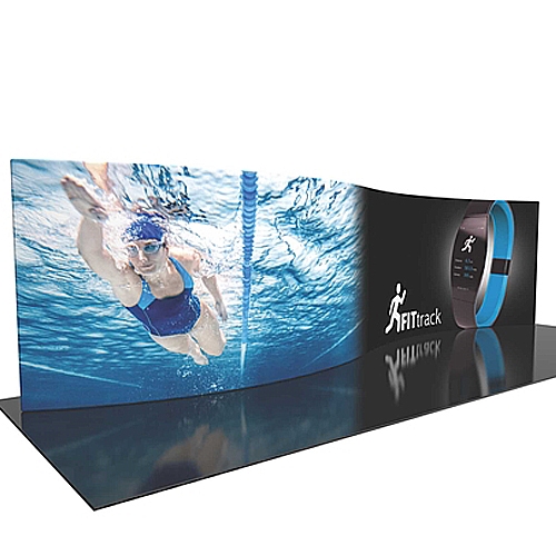 30ft Formulate Designer Series Serpentine Backwall Tension Fabric Display Kit 06 offer you a quick and professional look for your trade show booth. Formulate Designer Series Backwall Displays with built in counter cost-effective trade show backdrops