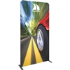 The Formulate Essential Banner 1200 - Straight measures 47.25"W, 92"H and features a simple straight bungee-corded tube frame and a fabric graphic that simply slips over the frame.