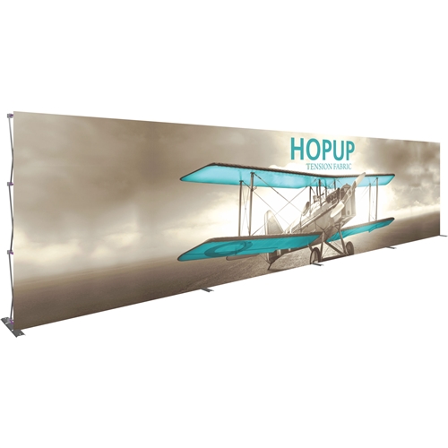 30ft x 8ft Hopup Floor 12x3 Straight Fabric Display with Front Fitted Graphic is the largest among Hop Up trade displays, making it the perfect way to stand out against the competition.