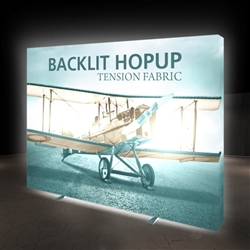 10ft x 8ft Backlit HopUp Trade Show Display  has a light weight, heavy duty frame that holds a fabric graphic mural. 10ft x 7.5ft foot backlit Hop Up display is a great upgrade to our standard Hop Up line trade show exhibits.