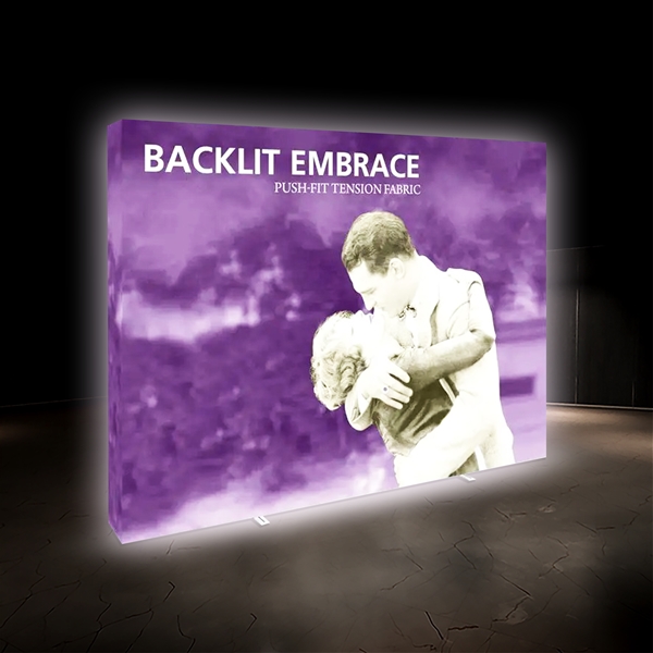 10ft Embrace Tabletop Backlit Push-Fit Display.  These illuminated backwall displays are perfect as backdrops at any marketing events, for trade show booths, retail store displays, expos, showrooms and more!