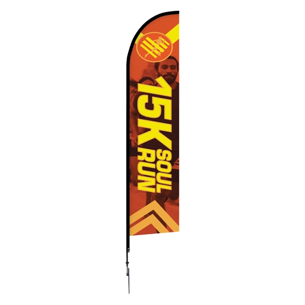Outdoor promotional flag stands get your message noticed!  Custom printed 14ft  single-sided Falcon outdoor flags  - One Choice are perfect for retail stores, car dealerships, fairs, expos, trade shows and more to grab customer attention.