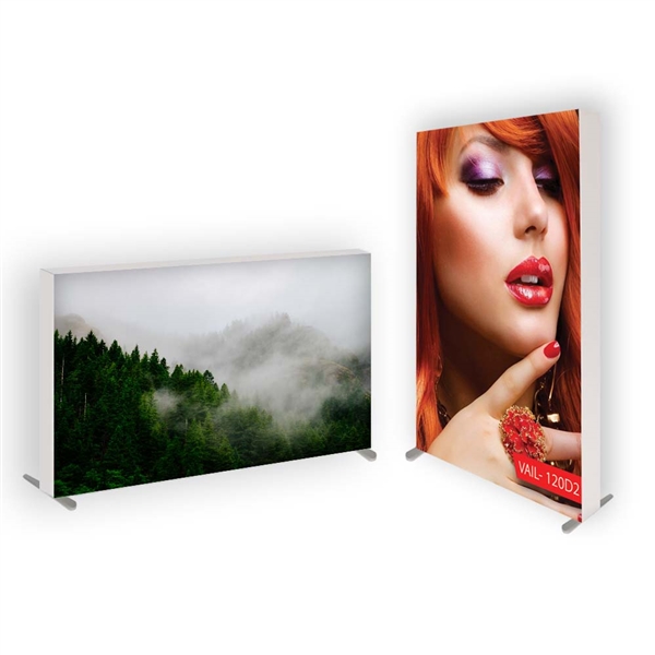 This 3ft x 4ft free-standing VAIL 120D SEG frame comes with double-sided graphics. Perfect for trade shows, conventions, retail stores, restaurants, art galleries, grand openings, offices, showrooms & more!  Dye-sub printed on stretch fabric.
