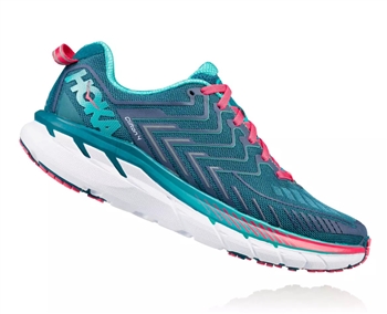 Womens Hoka CLIFTON 4 WIDE Road Running Shoes - Blue Coral / Ceramic