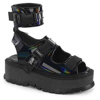 Demonia 2" (51mm) Platform Ankle Cuff Sandal Featuring hook N' Loop Adjustable Straps W/ Plastic Snap Buckles [BLACK HOLOGRAM]